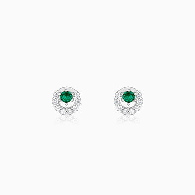 Silver Emerald Green Halo Stud Earrings