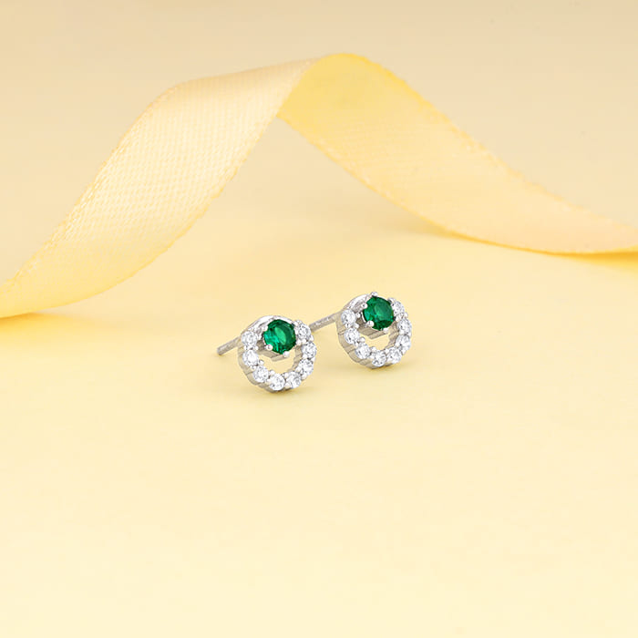 Silver Emerald Green Halo Stud Earrings