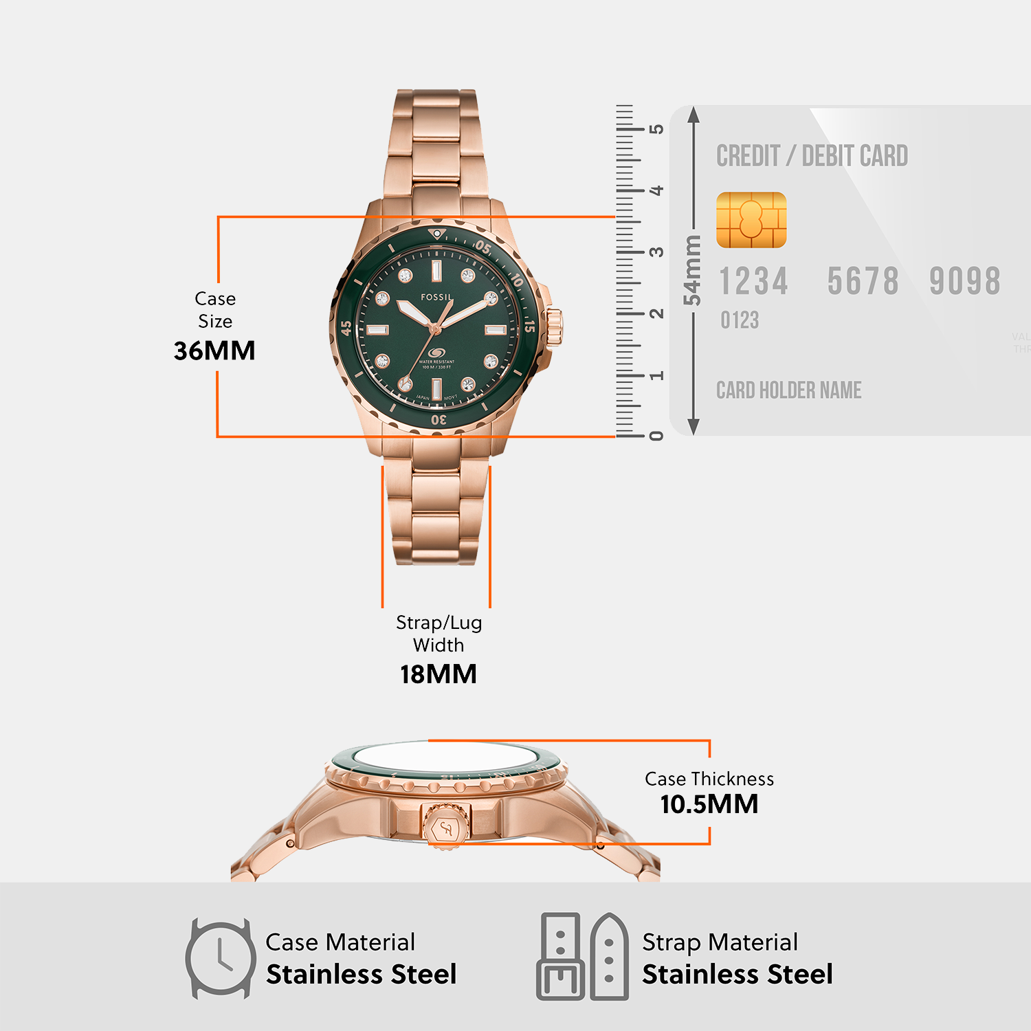 Fossil Blue Dive Women Quartz Green Dial Analog Stainless Steel Watch ES5371