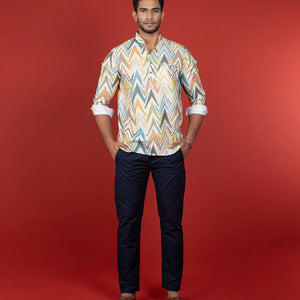 Multicolor Chevron Short Kurta With Mandarin Collar-Multi colour