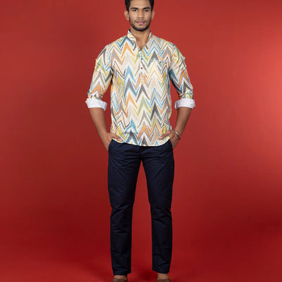 Multicolor Chevron Short Kurta With Mandarin Collar-Multi colour