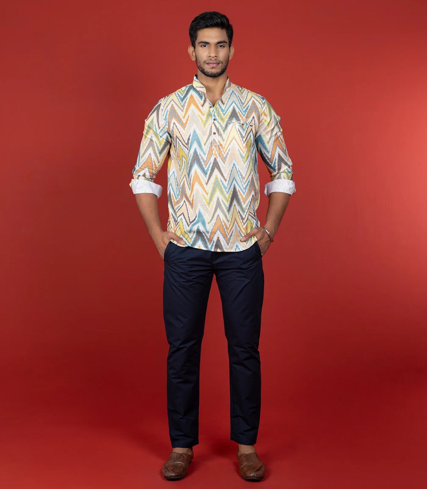 Multicolor Chevron Short Kurta With Mandarin Collar-Multi colour