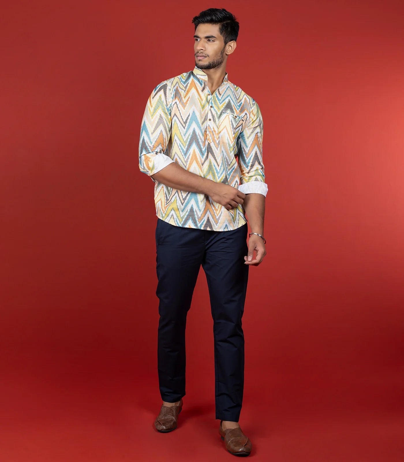 Multicolor Chevron Short Kurta With Mandarin Collar-Multi colour