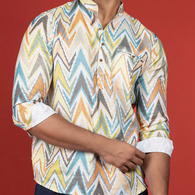 Multicolor Chevron Short Kurta With Mandarin Collar-Multi colour