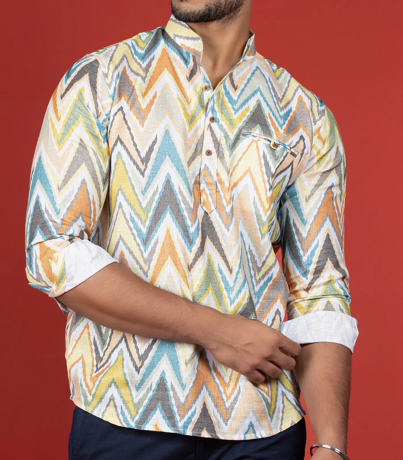 Multicolor Chevron Short Kurta With Mandarin Collar-Multi colour