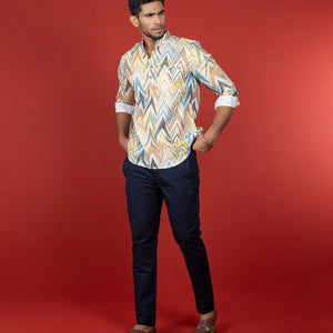Multicolor Chevron Short Kurta With Mandarin Collar-Multi colour