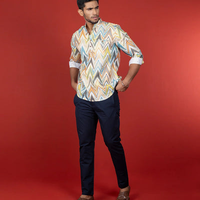 Multicolor Chevron Short Kurta With Mandarin Collar-Multi colour