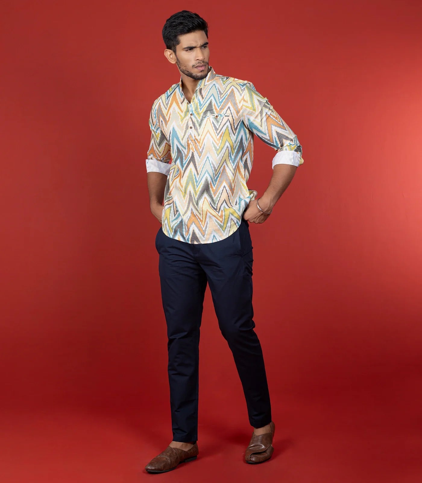 Multicolor Chevron Short Kurta With Mandarin Collar-Multi colour