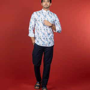 White Geometric Printed Short Kurta With Mandarin Collar-White