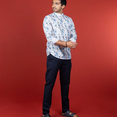 White Geometric Printed Short Kurta With Mandarin Collar-White