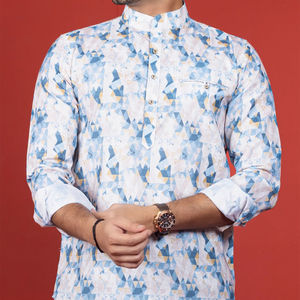 White Geometric Printed Short Kurta With Mandarin Collar-White