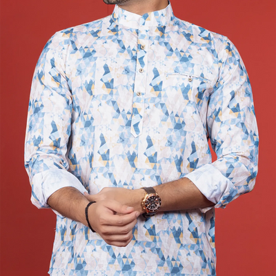 White Geometric Printed Short Kurta With Mandarin Collar-White
