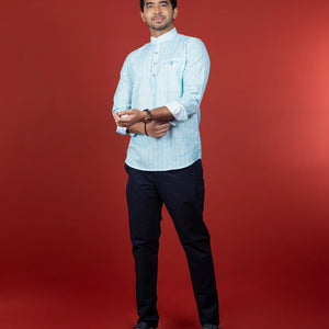 Salt Blue Short Kurta With Mandarin Collar-Sky Blue