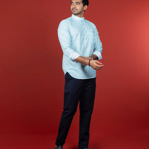 Salt Blue Short Kurta With Mandarin Collar-Sky Blue