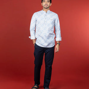 Off White Blue Floral Printed Short Kurta With Mandarin Collar