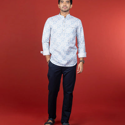 Off White Blue Floral Printed Short Kurta With Mandarin Collar