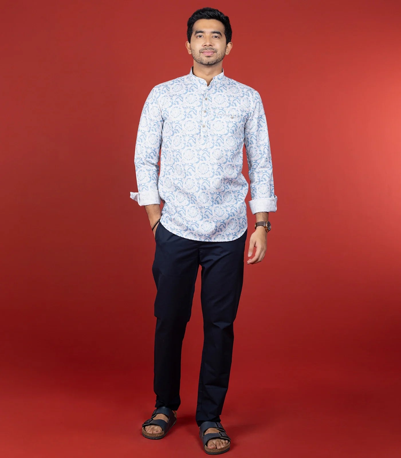 Off White Blue Floral Printed Short Kurta With Mandarin Collar"-Off White