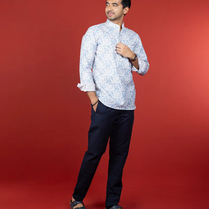 Off White Blue Floral Printed Short Kurta With Mandarin Collar