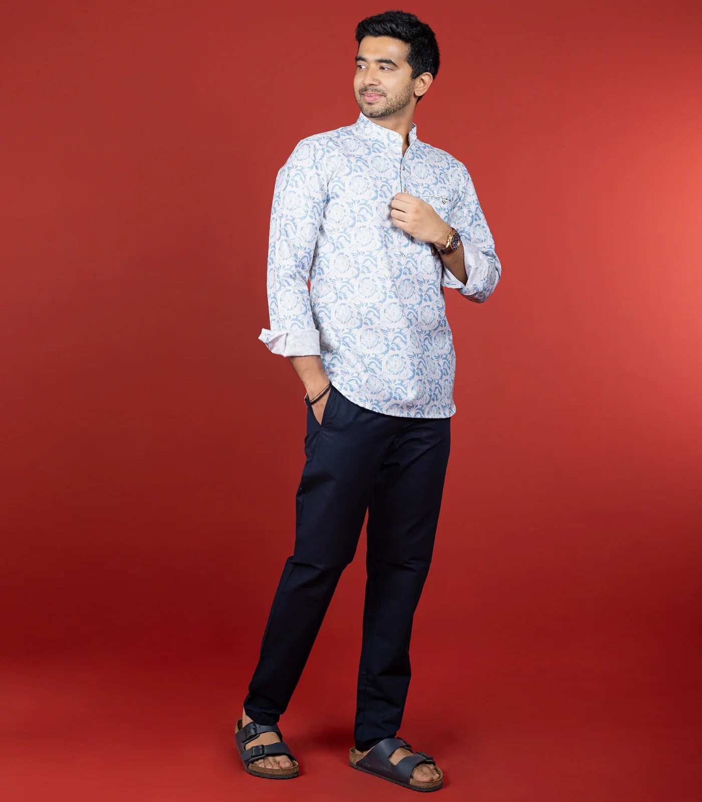 Off White Blue Floral Printed Short Kurta With Mandarin Collar"-Off White