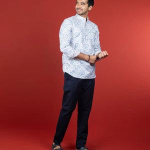 Off White Blue Floral Printed Short Kurta With Mandarin Collar