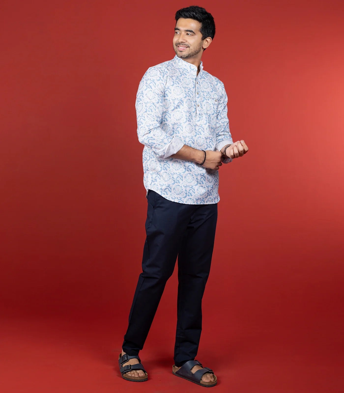Off White Blue Floral Printed Short Kurta With Mandarin Collar"-Off White