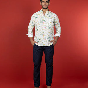 White Floral Short Kurta With Mandarin Collar-Off White