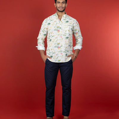White Floral Short Kurta With Mandarin Collar-Off White