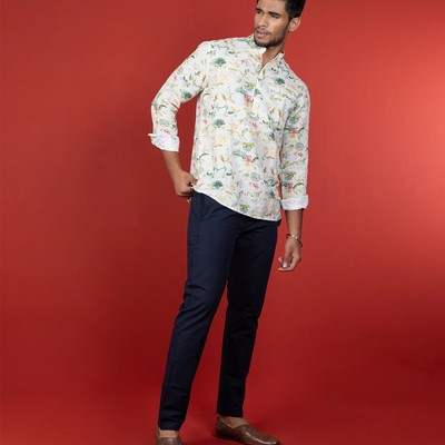 White Floral Short Kurta With Mandarin Collar-Off White