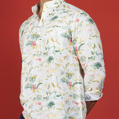 White Floral Short Kurta With Mandarin Collar-Off White