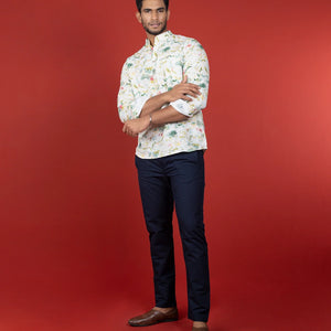 White Floral Short Kurta With Mandarin Collar-Off White