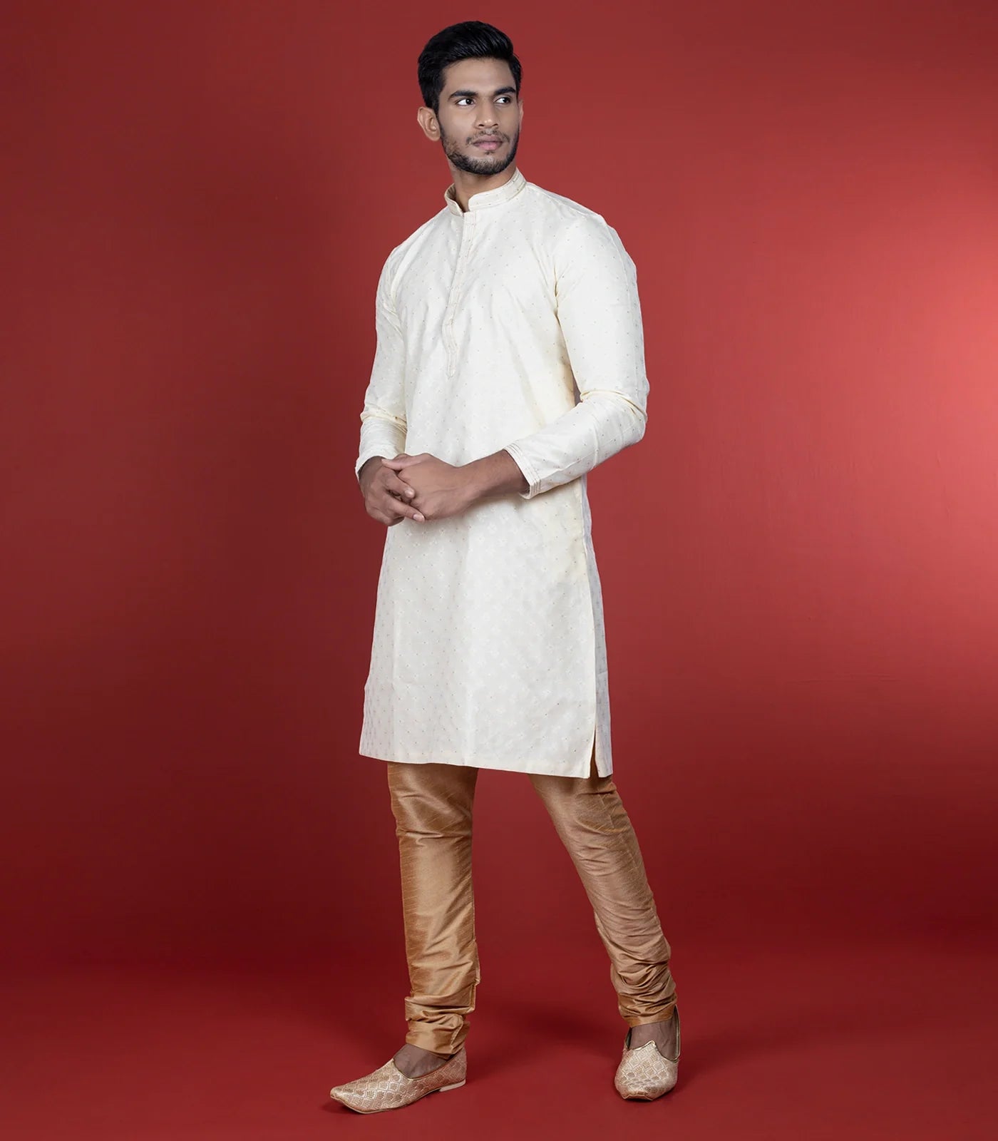 Cream Kurta With Gold Chudidar-Cream