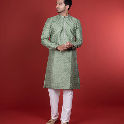 Sage Green Kurta With White Chudidar-Sage Green