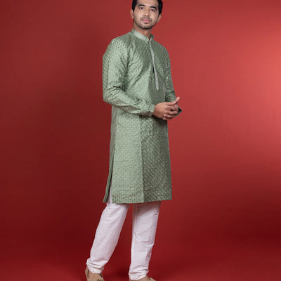 Sage Green Kurta With White Chudidar-Sage Green
