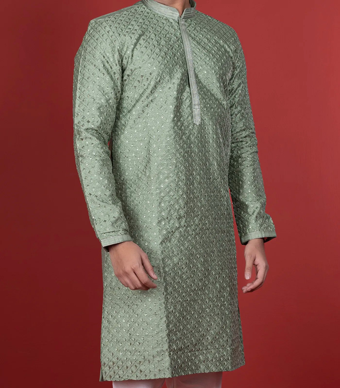 Sage Green Kurta With White Chudidar-Sage Green