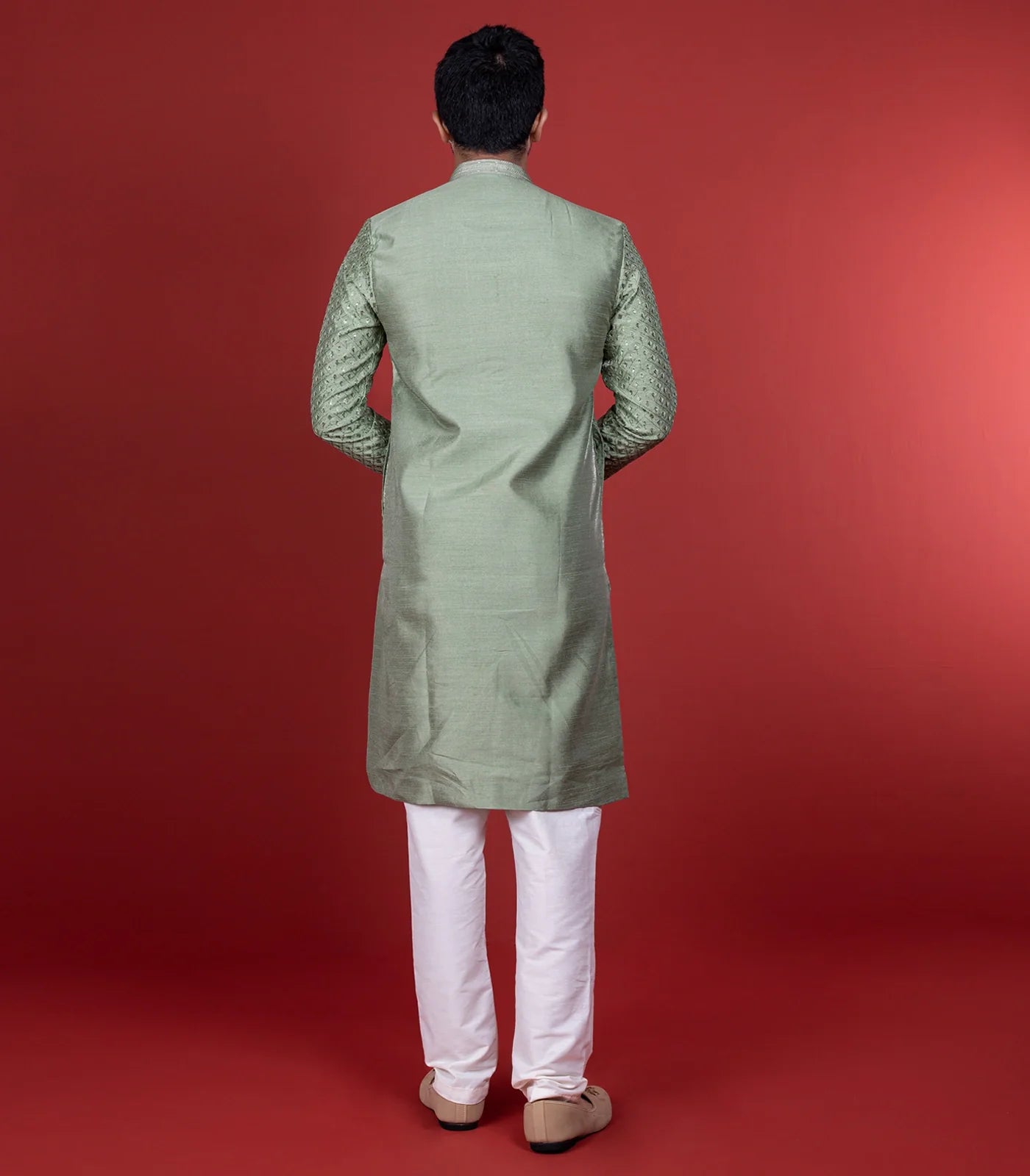 Sage Green Kurta With White Chudidar-Sage Green