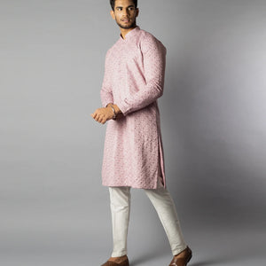 Soft Pink Kurta With White Straight Fit Pants And Tonal Embroidery-Pink