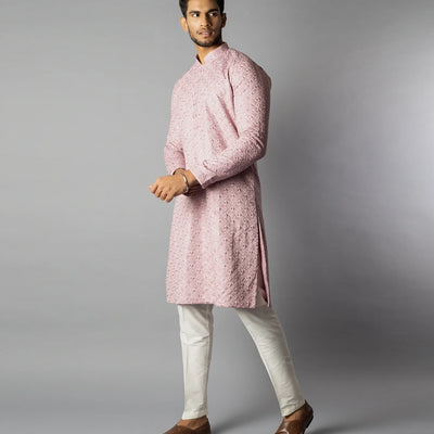 Soft Pink Kurta With White Straight Fit Pants And Tonal Embroidery-Pink