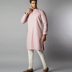 Soft Pink Kurta With White Straight Fit Pants And Tonal Embroidery-Pink