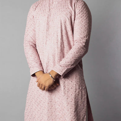 Soft Pink Kurta With White Straight Fit Pants And Tonal Embroidery-Pink