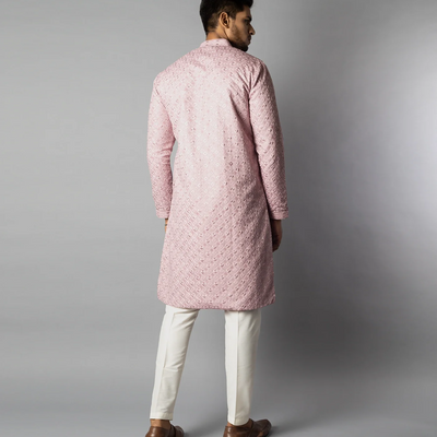 Soft Pink Kurta With White Straight Fit Pants And Tonal Embroidery-Pink
