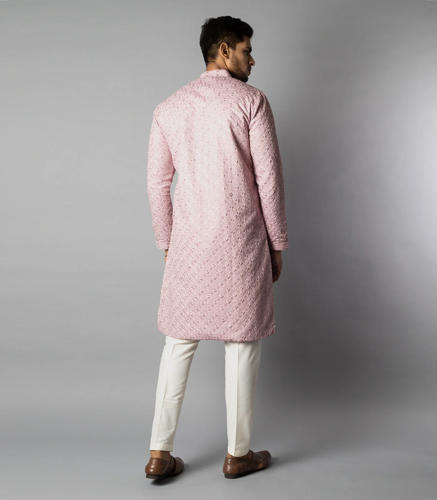 Soft Pink Kurta With White Straight Fit Pants And Tonal Embroidery-Pink
