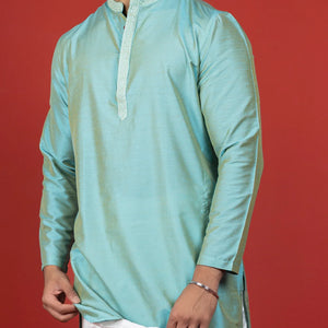 Misty Jade Art Silk Solid Kurta With Embroidery Highlights-Turquoise