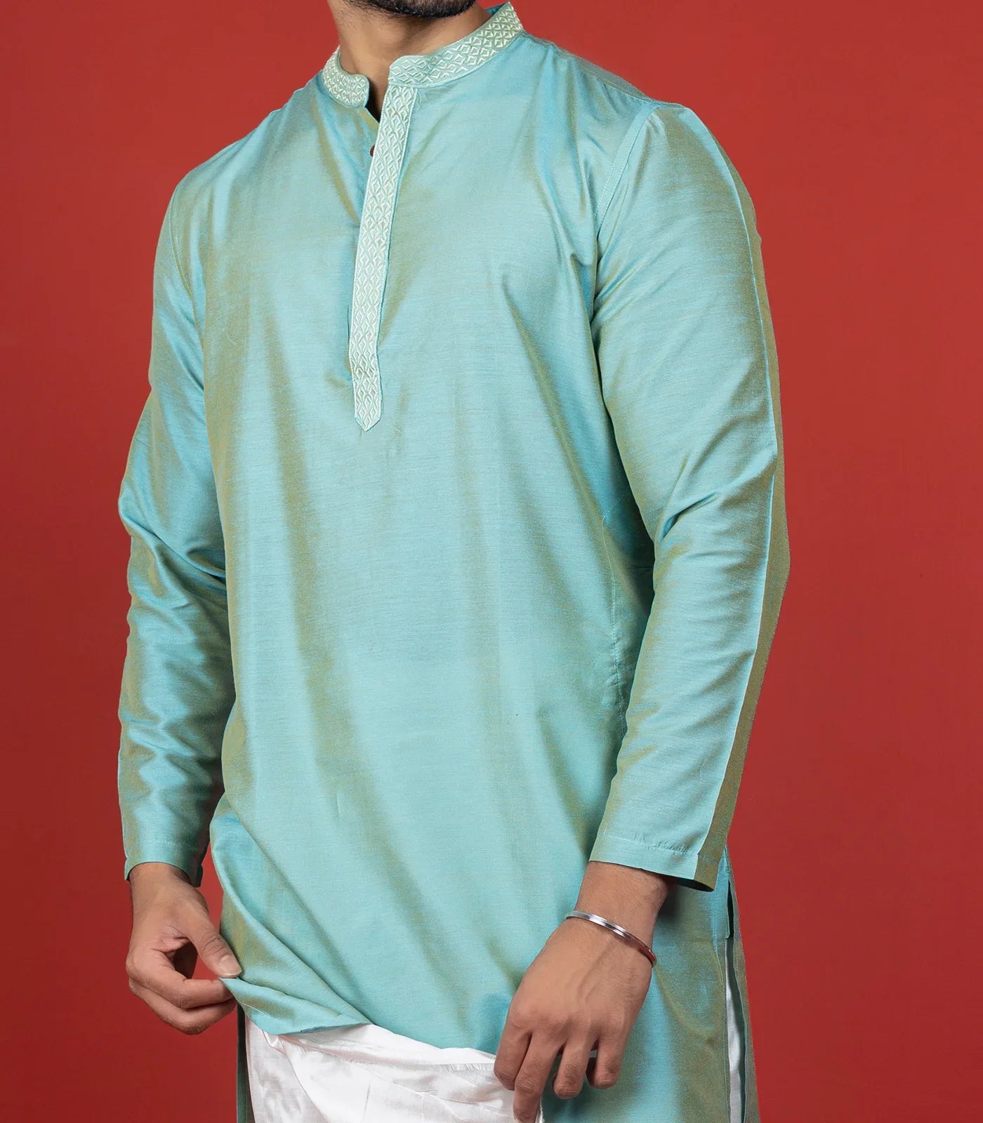 Misty Jade Art Silk Solid Kurta With Embroidery Highlights-Turquoise