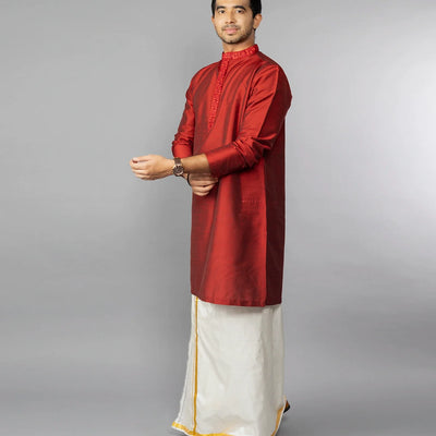 Solid Red Kurta With Embroidery Highlights-Red