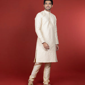Cream Kurta With Sequin Embellishment And Gold Chudidar-Cream