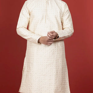 Cream Kurta With Sequin Embellishment And Gold Chudidar-Cream