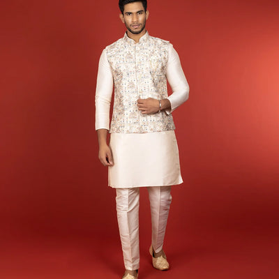 Cream Three Piece Kurta Set With Straight Fit Pants And Nehru Jacket-Cream