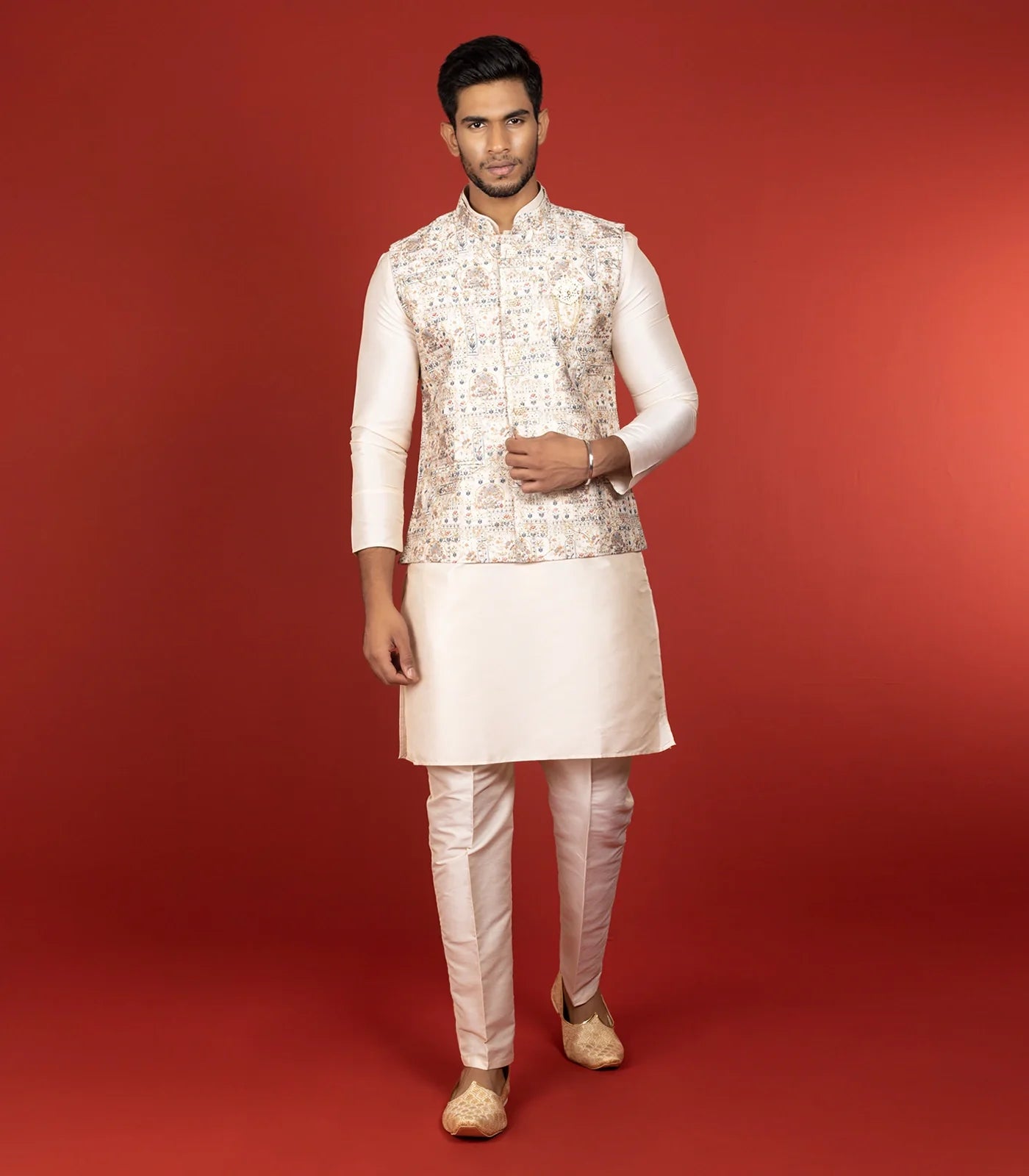 Cream Three Piece Kurta Set With Straight Fit Pants And Nehru Jacket-Cream