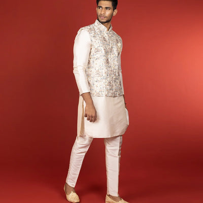 Cream Three Piece Kurta Set With Straight Fit Pants And Nehru Jacket-Cream