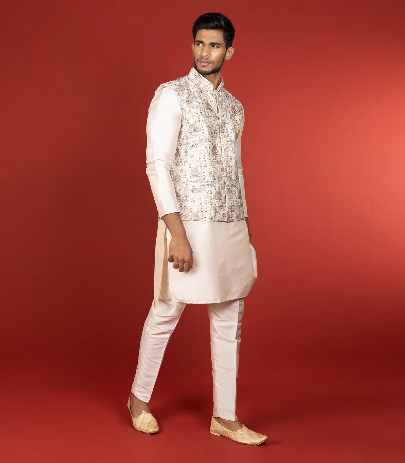 Cream Three Piece Kurta Set With Straight Fit Pants And Nehru Jacket-Cream